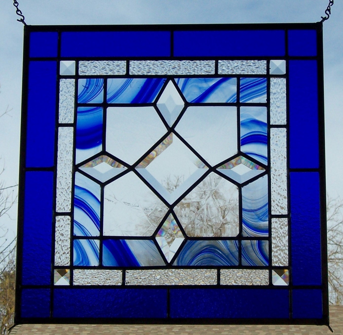 Beveled Blue Stained Glass Window