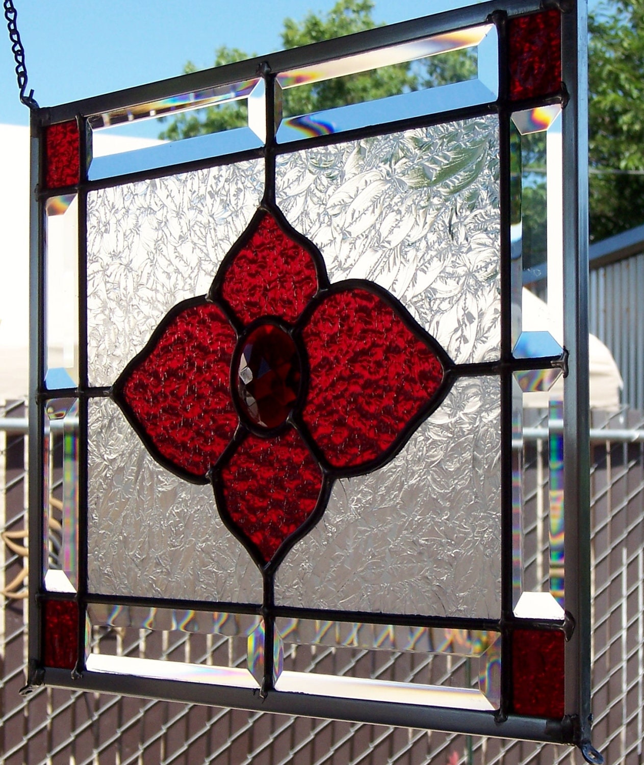 Jeweled Red Flower Stained Glass Window
