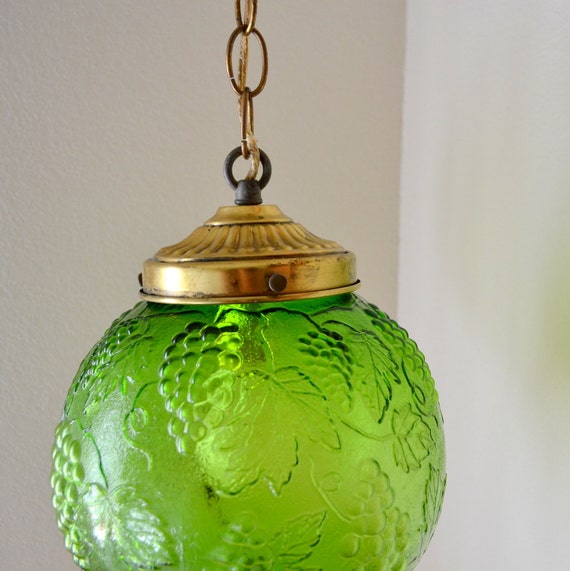 Vintage Grape Vine Green Glass Globe Hanging Lamp circa 1970