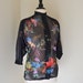 1970s Bird Floral Print Sheer Black Blouse Mandarin Collar Small