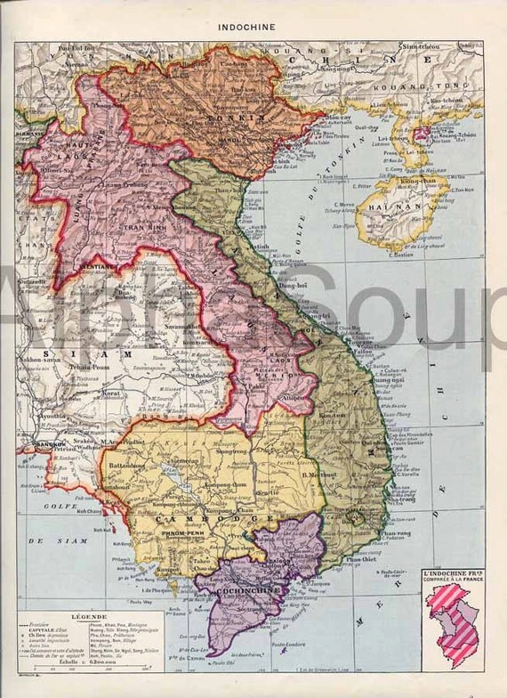 Items similar to Antique Colorful French Map of Indochina Cambodia Laos ...