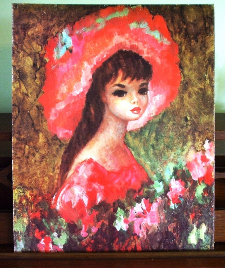 Vintage 1960s Art Print by Maio of Girl in Large Red Hat