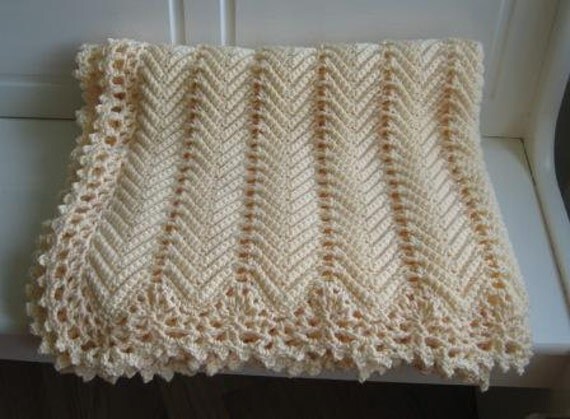 Victorian Ripple Afghan Cream Color with Pretty Lace Border - Ready to Ship