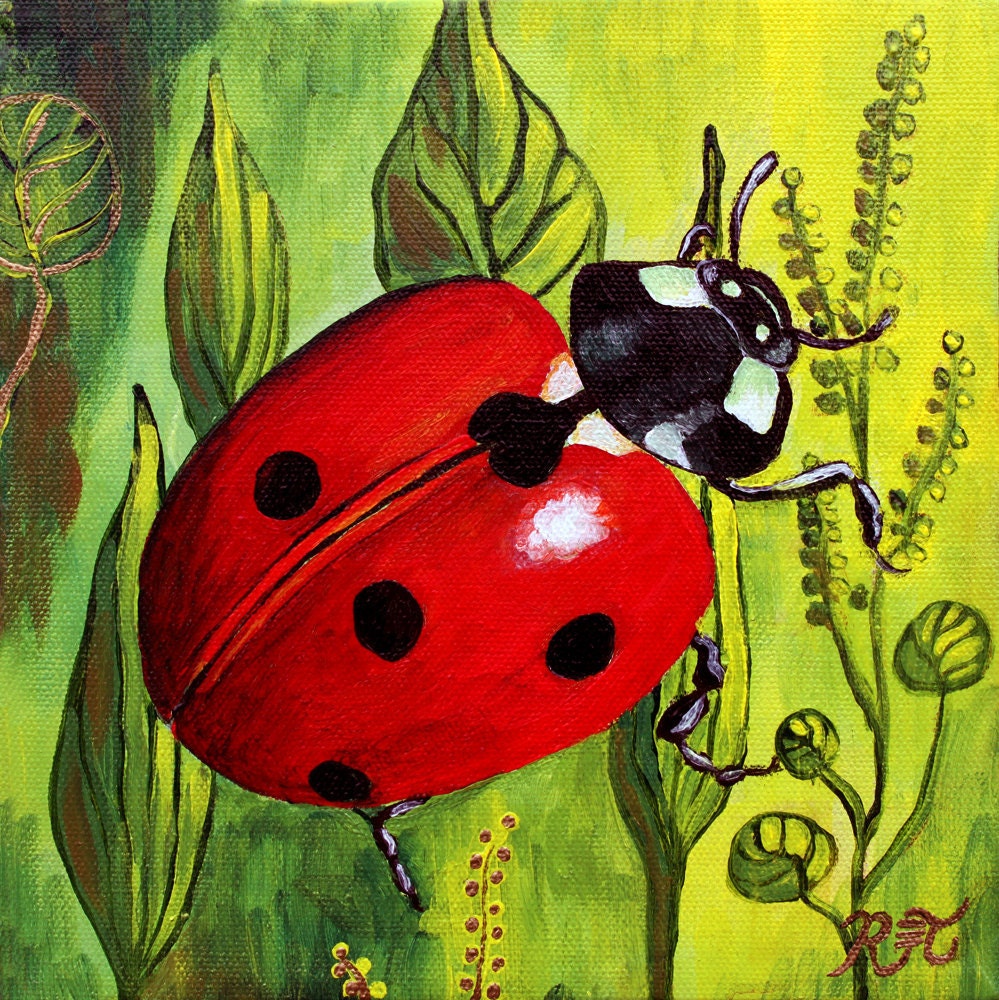 Ladybug & Leaves 8 x 8 PRINT ladybug art