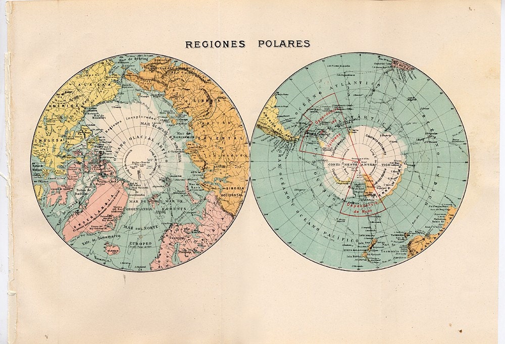 Vintage North and South Pole Map 1938