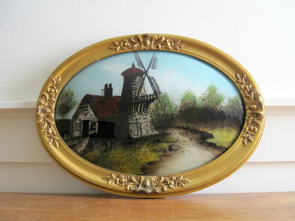 Antique Framed Reverse Painting on Glass Windmill Cottage
