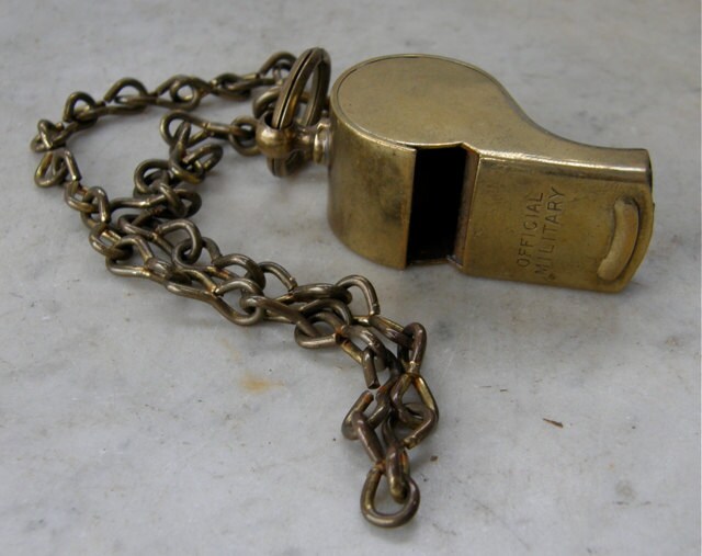 Vintage Brass US Military Whistle with Original Chain Marked