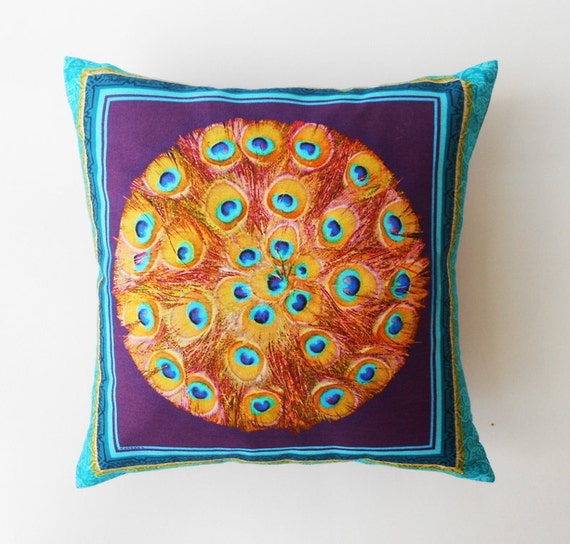 Decorative Throw Pillow Cushion Cover Blue Peacock Feather