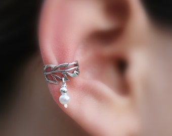 Ear Cuff - Ear Wrap - Ear Band - Sterling Silver Ear Cuff - Feather - Pearl Ear Cuff - Non Pierced - Conch Cuff - Cuffs
