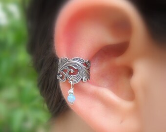 Sterling Silver Ear Cuff - Lace - Blue Opal - Non Pierced - Conch Cuff