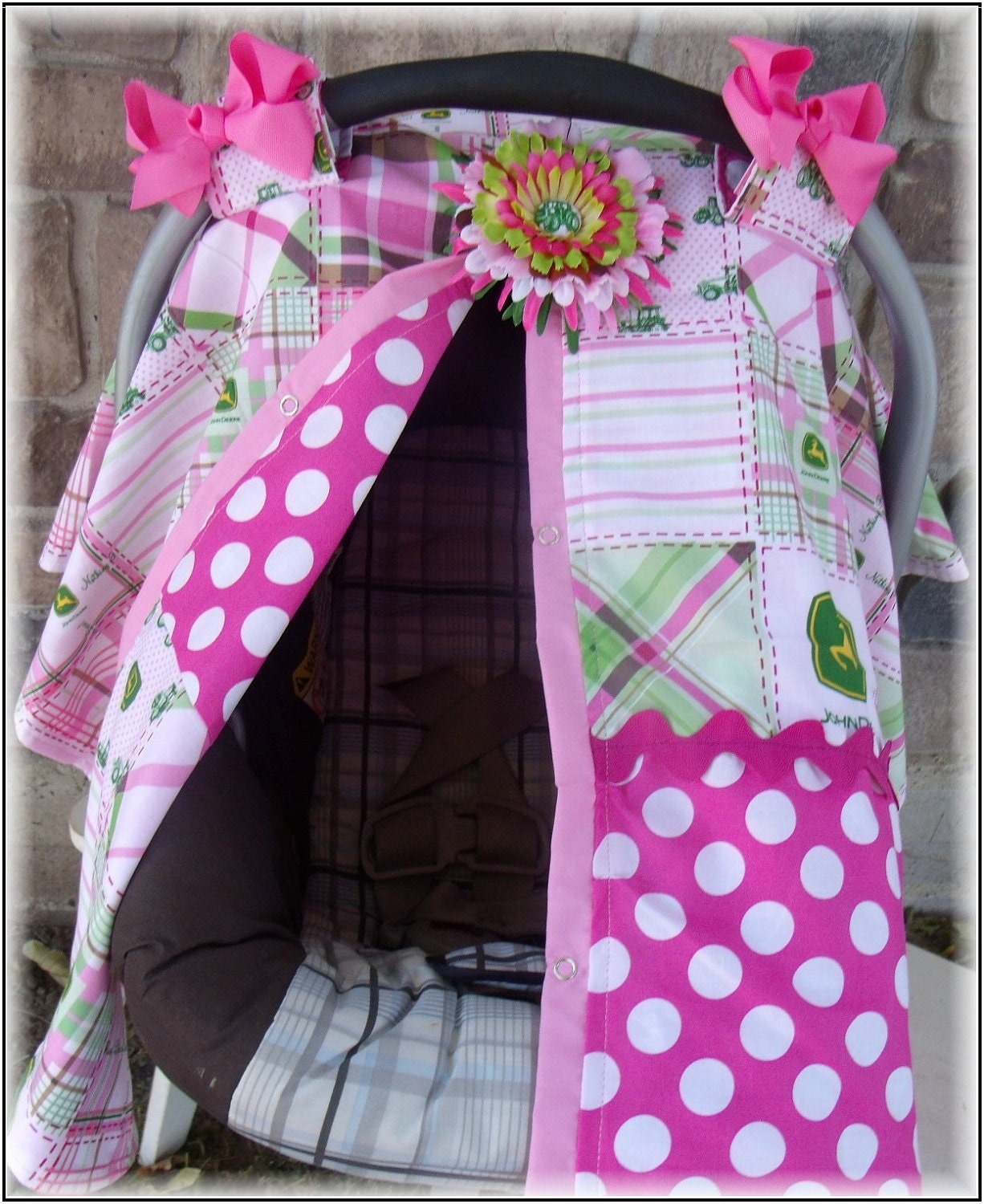Carseat Canopy John Deere Girl Flower and Bows