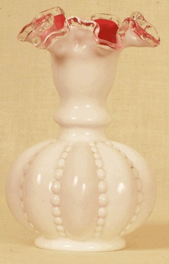 Vintage Fenton Peach Crest Beaded Melon Style Vase