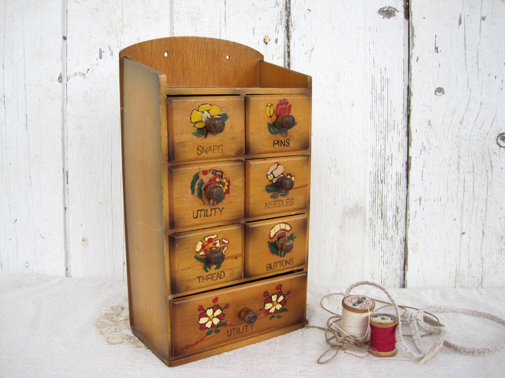 Vintage Sewing Box Wood with Drawers Notions Organization