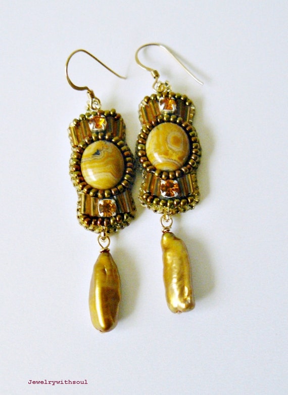Bead embroidery earrings with crazy lace agate cabochons