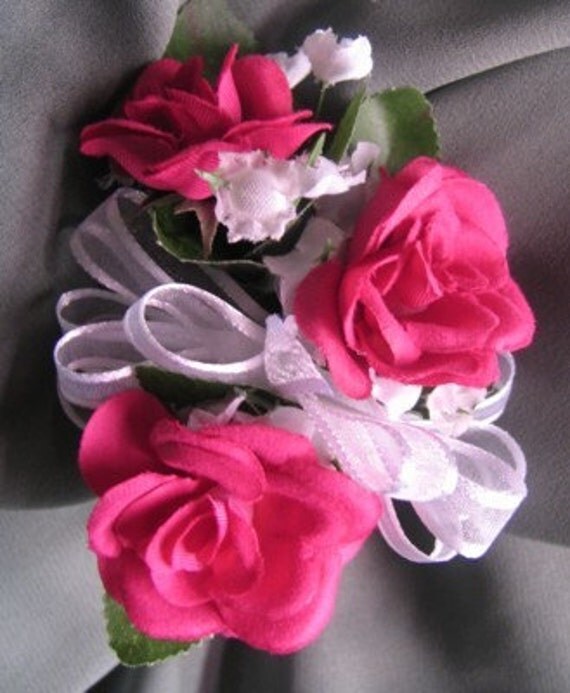 New Hot Pink Sweetheart Rose Wrist Corsage with 3 roses by sarver3