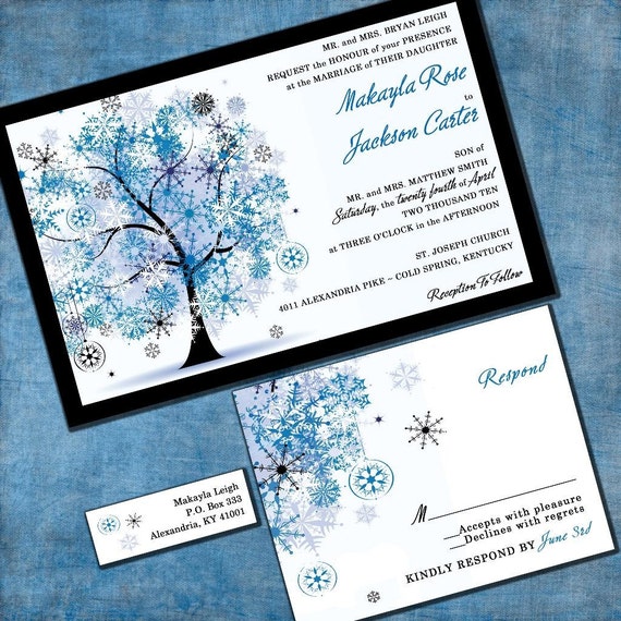 Winter Wedding Invitation - Snowflake Tree - Sample Set - Winter Wonderland - Blue, White and Black