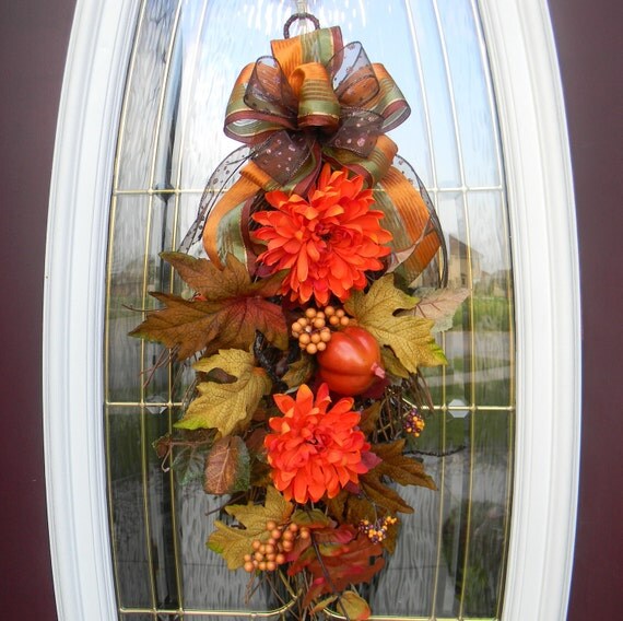 Autumn Charm..Vertical Teardrop Grapevine Swag Door Wreath