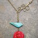 Turquoise Bird and Red Jade Flower with Bronze Branch Lariat Necklace in Antique Brass