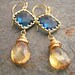 Dangle Earrings in Champagne Quartz and Bezel Set Blue Glass, Wire Wrapped Earrings, Blue Gold Gemstone Earrings