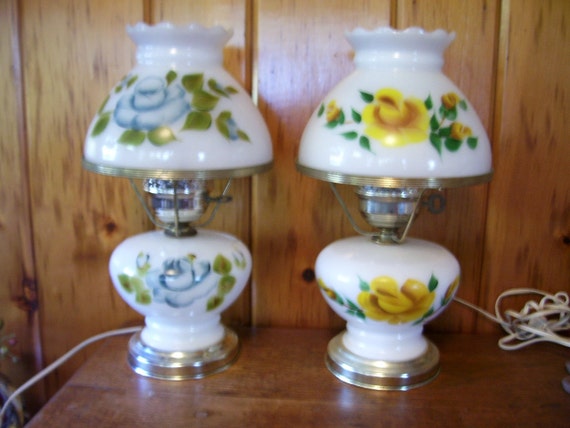 double Beautiful   lamp Milk Painted Glass Antique Blue Parlor Hand Flowers Lamp glass  milk