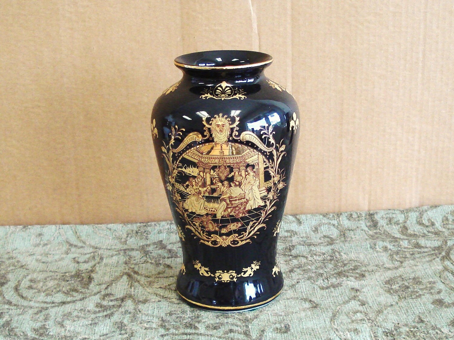 Limoges P. R. G. Fine Porcelain Black and Gold Vase France.