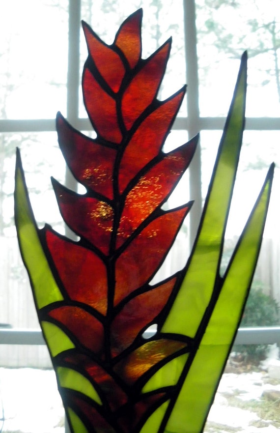 Flaming Red Ginger Stained Glass Flower in Vase