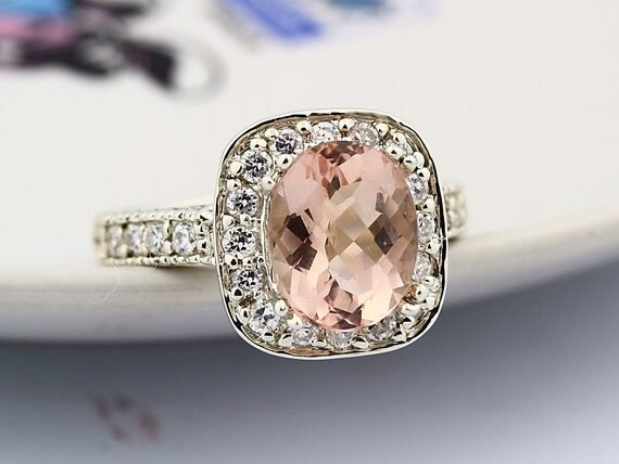 Natural Checkerboard Cut Morganite Solid 14K White Gold