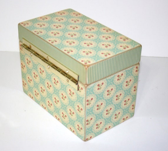Large Recipe Box Custom Aqua and Red Floral Stripe Vintage
