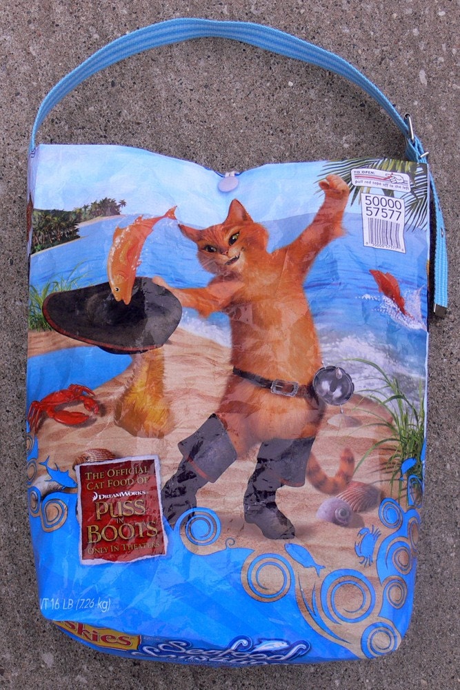 Puss in Boots Recycled Cat Food Bag Tote FREE U.S. SHIPPING