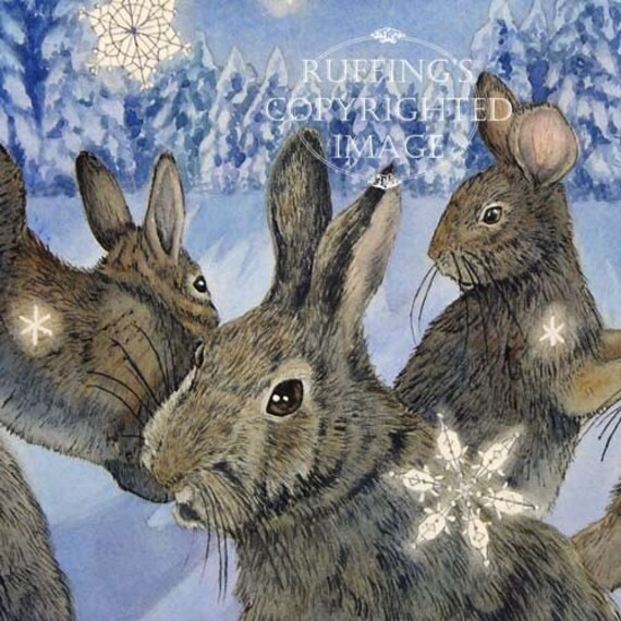 Rabbits in Snow Giclee Fine Art Print Dancing Bunny Rabbits