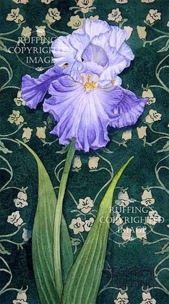 Lavenderblue Iris Floral Art Nouveau Green Wallpaper by ruffings