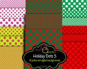 Polka Dot Christmas backgrounds, set 5, printable polka dot holiday digital backgrounds, 3 dot sizes forest green red lime hot pink Il_170x135