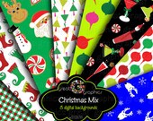 Christmas Digital Paper Printable Christmas Paper Holiday Digital Paper Christmas Trees Cocktails Santa Stockings - Instant Download Il_170x135