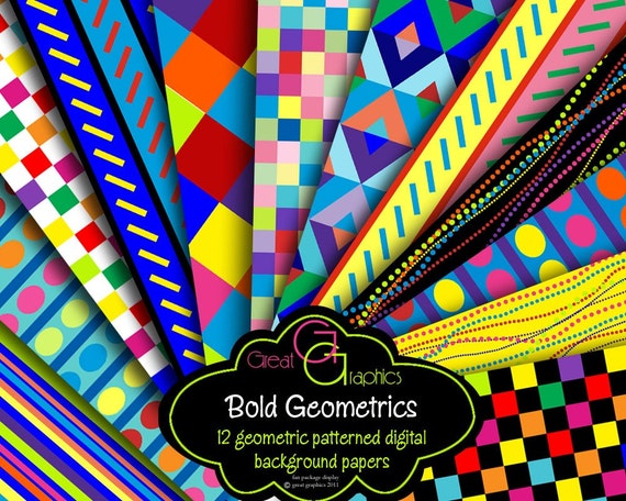 Geometric Digital Paper Multicolor Geometric Pattern Checkered Paper Birthday Party Paper Printable- Instant Download Il_570xn