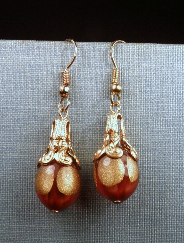 Vintage Brown and Gold Bulbous Ornate Drop Earrings FREE SHIPPING