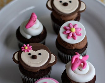 Fondant Monkey, Flowers, Bananas, Age and Initial Toppers for Decorating Cupcakes, Cookies, or other Sweet Treats