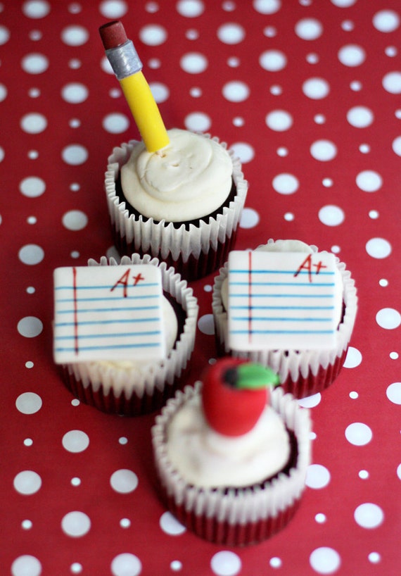 Fondant Teacher Gift Pencil, Apple and Paper Toppers for Cupcakes, Cookies or other Treats