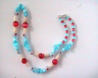 Catseye Pink and Blue Flower Necklace for young Girl