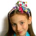 Bow Headband, Fancy White Bow with Multi Colored Jumbo Polka Dot Ribbon on Wrapped Headband, Tulle, Ribbon Spikesand Jewels.