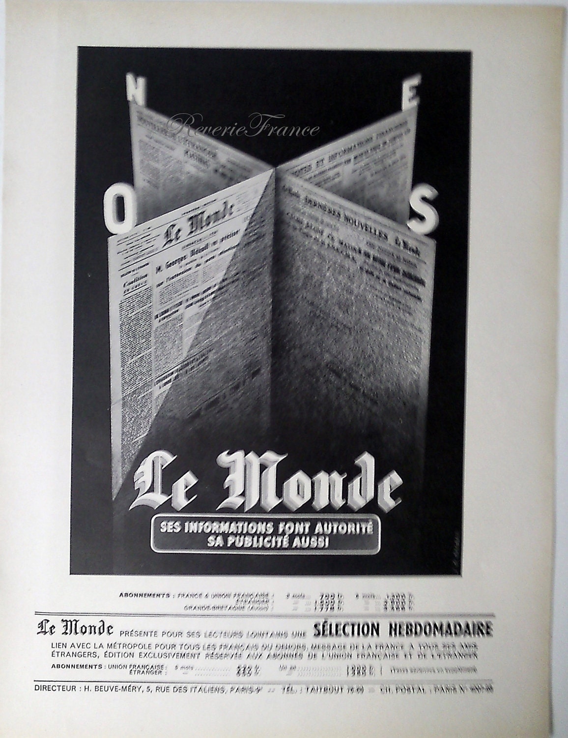 Original Vintage French Ad Le Monde 1951 by reveriefrance on Etsy