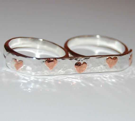 Sterling two finger ring, hammered silver copper hearts, silver and ...