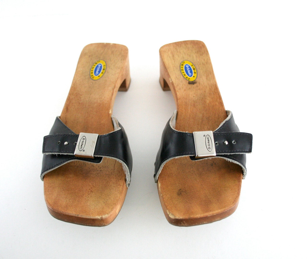 Vintage Dr Scholls sandals in Black Leather and Wood