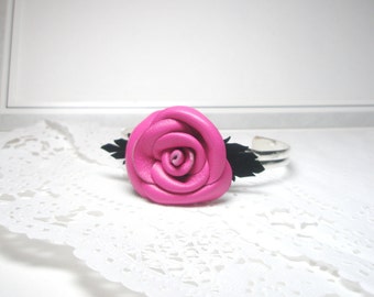 Flower Bracelet -Leather bracelet - Pink rose Cuff Bracelet