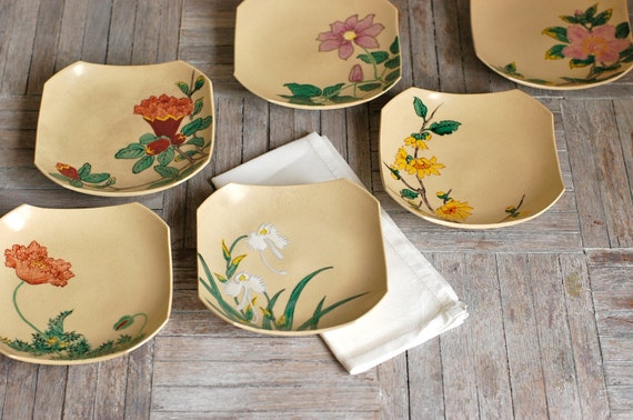 RESERVED. Vintage Japanese Hand-painted Dishes Set of 6