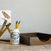 Vintage Industrial Desktop Set: Wood In-box, Orange Marmalade Jar and Folding Ruler