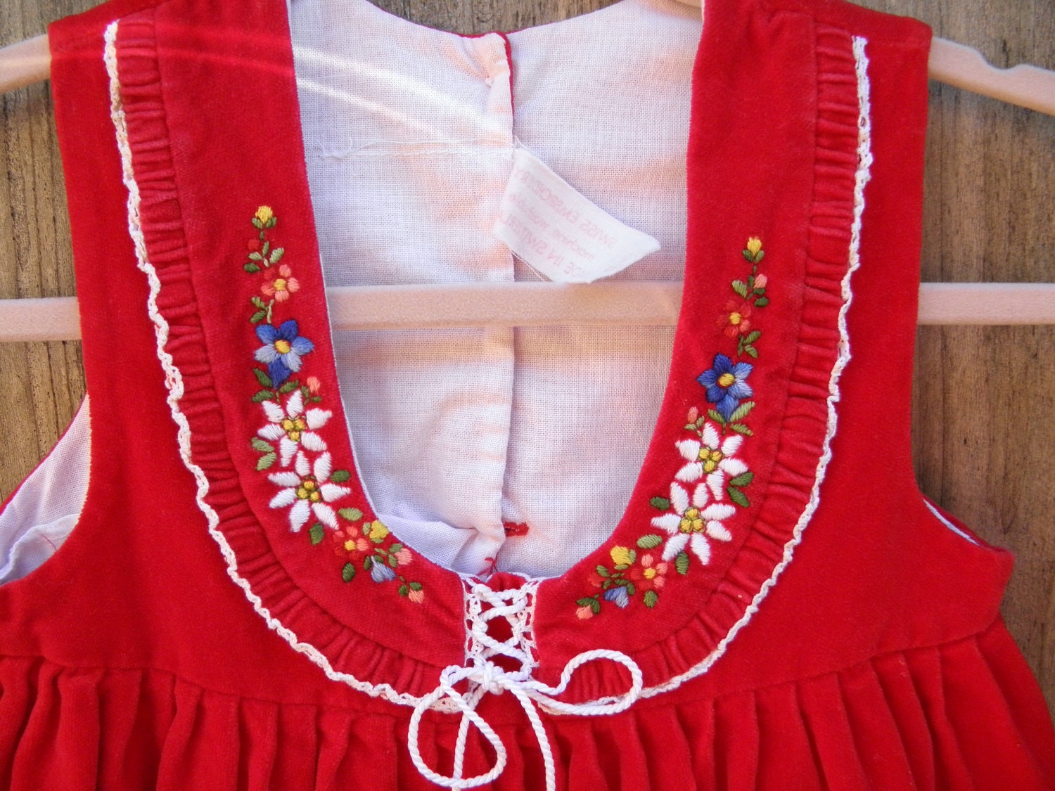 Red velvet embroidered girls dress made in Switzerland. Size