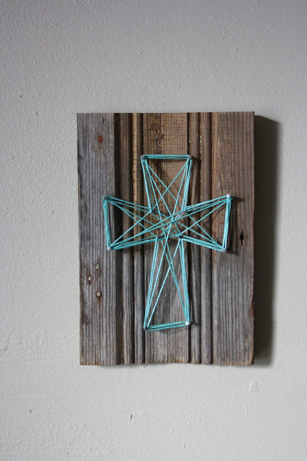 Reclaimed Wood Trim with String Art Cross Wall Decor