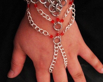 Red Swarvoski Crystal Chain Maille Slave Bracelet, Handweb, Handflower, Eternity Bracelet free shipping