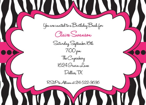 Hot Pink and Black Zebra Print - Girls Birthday Party Invitation ...