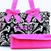 Diaper Bag Personalized Black Damask Fuchsia Quilted Set